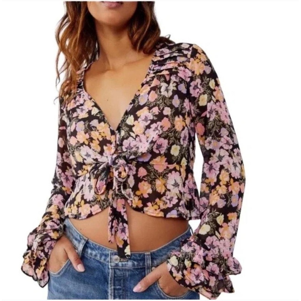 NWT M Free People Maybel Sheerβ Cropped Pink Floral Blouse Cottagecore Front Tie